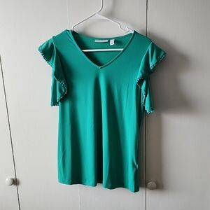 Susan Graver Teal Ruffle Sleeve Blouse